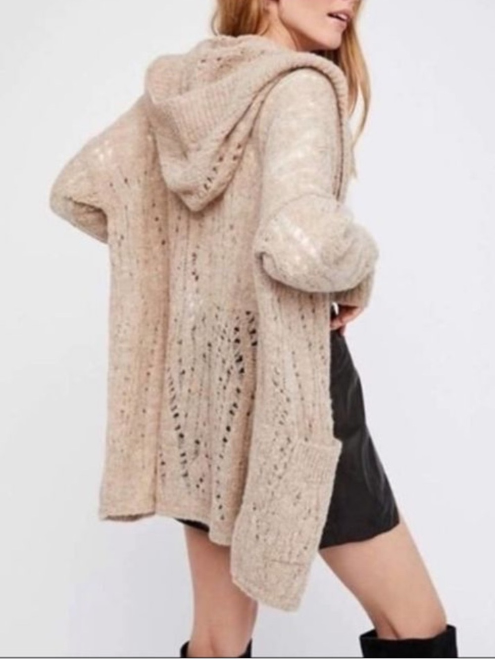 Free People Lemon Drop Taupe Hooded Alpaca Blend Pockets Cardigan Size XS
